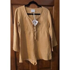 Oakie Mustard Women's Linen Gauze Long Sleeve Playsuit Romper Shorts NWT Sz XS-S